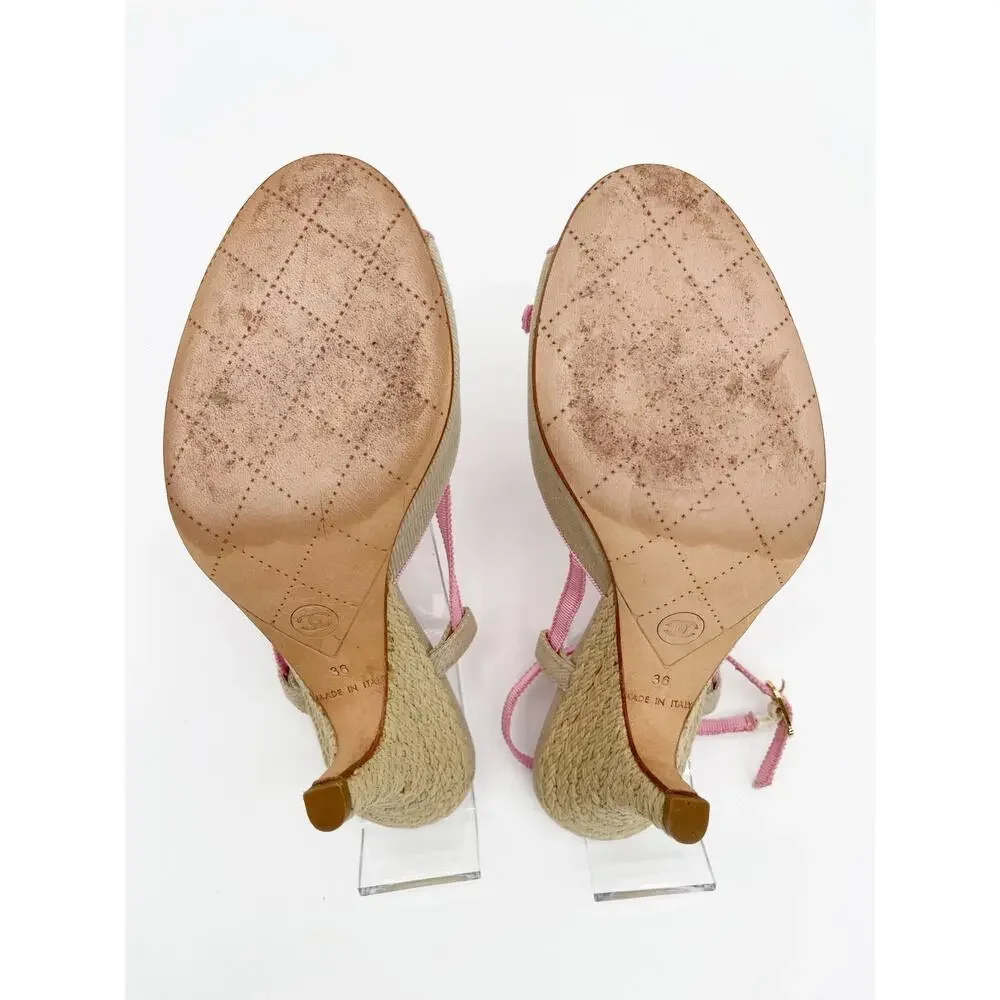 Chanel Vintage Beige Canvas Pink Grosgrain CC Bow Strappy Sandals Heels EU 36